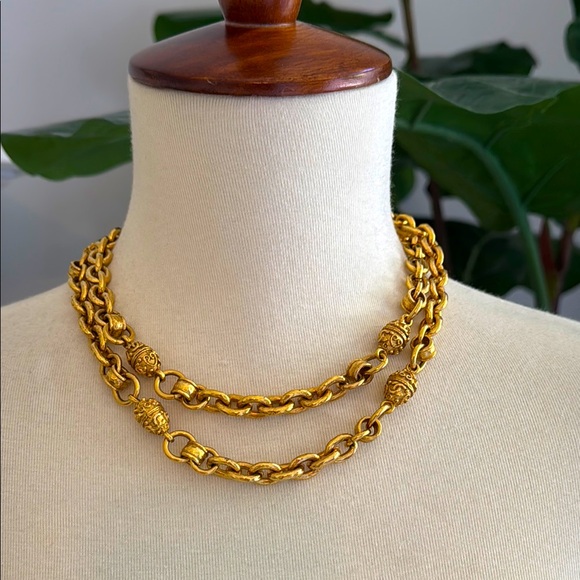 CHANEL Jewelry - Chanel Vintage Gold Chain CC Faberge Station Filagree Link Statement Necklace